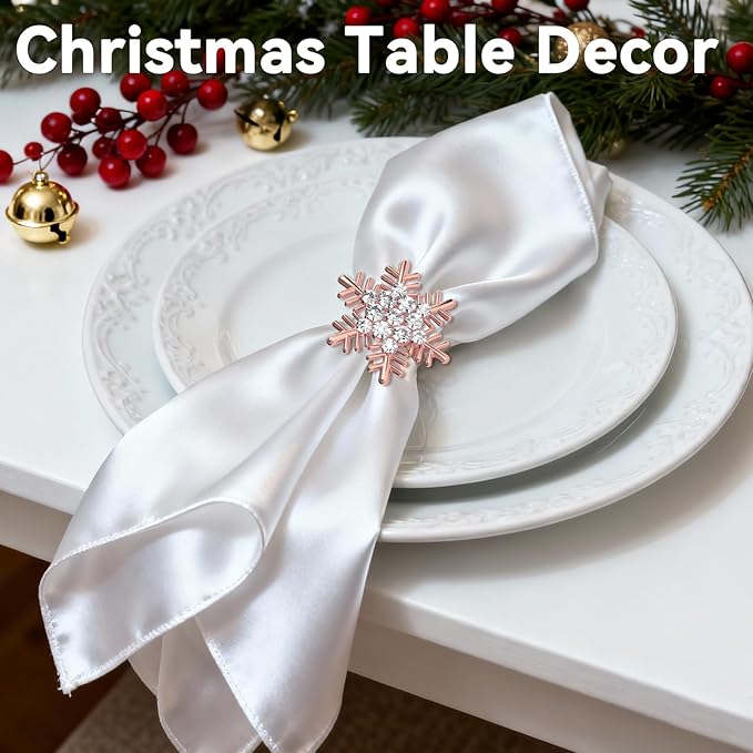 ZeeDix Christmas Snowflake Napkin Rings Set of 6- Rose Gold Rustic Dinner Tables Setting Decoration for Wedding Receptions, Christmas Holiday Party Dinner Parties