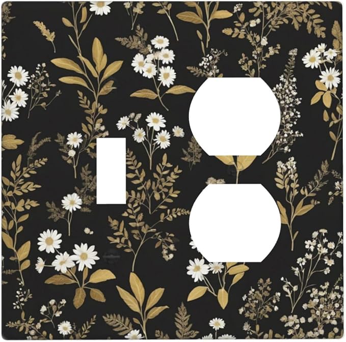 Light Switch Cover Plate Black/Gold Boho Botanical Floral Rustic Flowers 2 Gang Decorative Switch Plates 1 Toggle Duplex Combo Outlet Covers GFCI Wall Plates for Bathroom Kitchen Decor