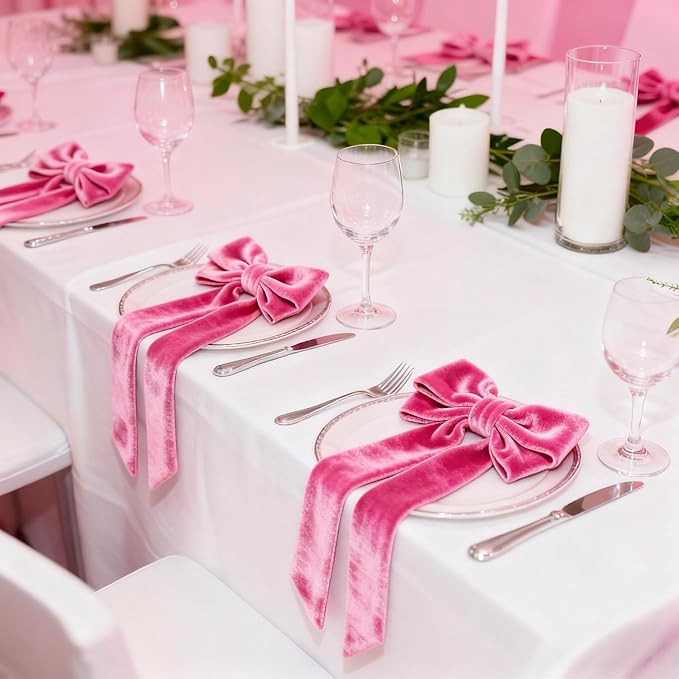 Bow Napkin Rings Set of 6 Luxury Soft Hot Pink Velvet Napkin Holders, Elegant Bow Design for Christmas Holiday Dinner Wedding Party Table Decor