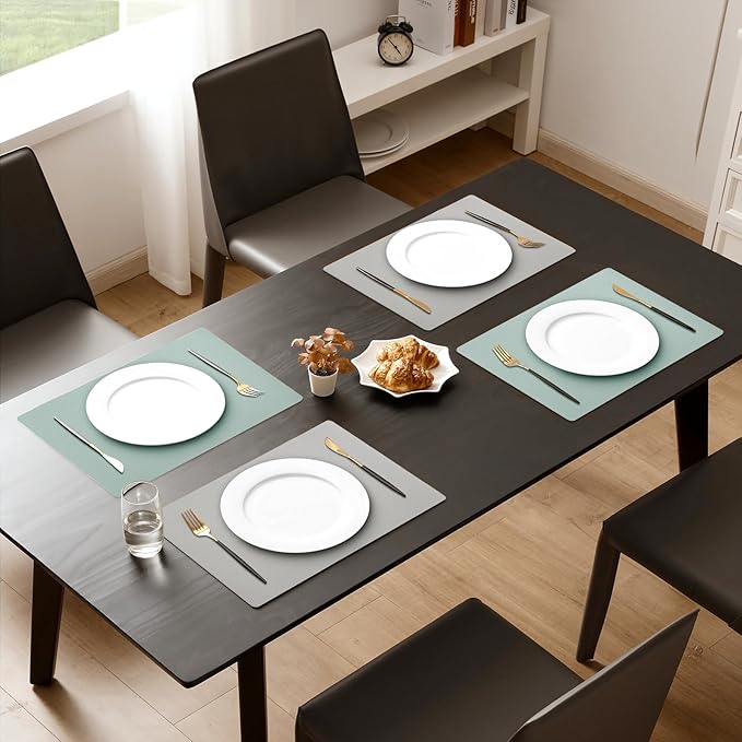 MOSAYT Vinyl Placemats Set of 4, Heat Resistant Place Mats 100% Waterproof Washable & Wipeable Faux Leather Reversible Table Mats for Kitchen Dining Party Outdoor, 12" x 17", Light Grey/Aqua