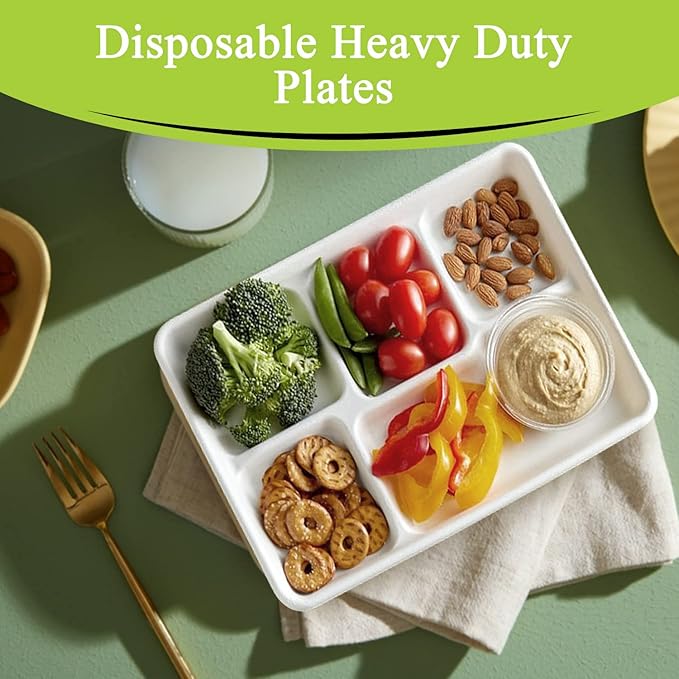 three leaf 5 COMPARTMENT BAGASSE (SCHOOL) TRAY 50 Ct. Heavy-Duty- Super Strong- Natural- Eco-Friendly Disposable Bagasse Plates, 100% Biodegradable 5 Compartment meal Plates