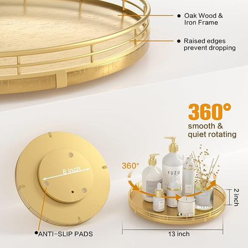 13" Gold Lazy Susan for Table Top, Oak Wood Lazy Susan Turntable Organizer for Dining Coffee Table Centerpiece Bar Decor Kitchen Countertop Bathroom Vanity Decorative Tray for Perfume Jewelry Round