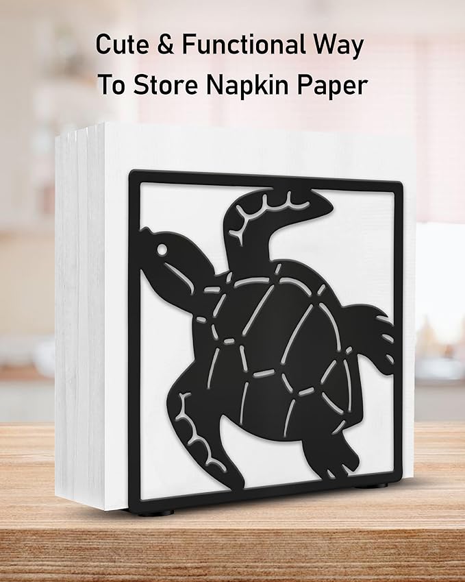 Sea Turtle Napkin Holder for Table Countertops, Matte Black Decorative Standing Napkin Dispenser for Kitchen Dining Outdoor, Farmhouse Metal Paper Cocktail Napkin Storage Holder