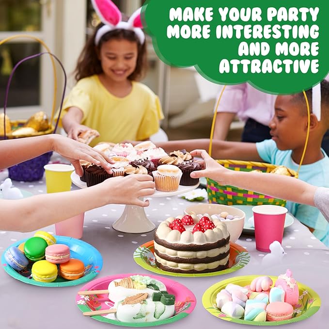 Umigy 120 Pieces Happy Easter Paper Plates Bulk 7 Inch Bunny Eggs Disposable Easter Party Spring Holiday Dinnerware Decorative Flower Dinner Plates for Spring Party Supplies, 6 Styles