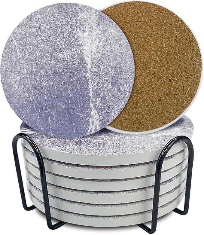 Ceramic Coasters Set of 6, Marble-Textured Design with Holder - Absorbent Cork-Backed Coasters for Cups, Bar & Coffee Table Decor Accessories (Dark Grey Marble, 6 Pack)