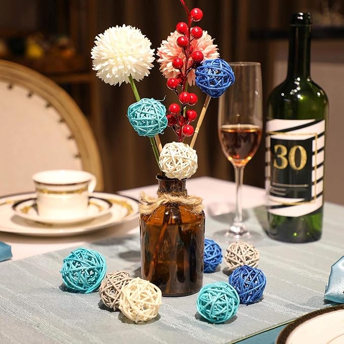 Patelai 36 Pcs Wicker Rattan Balls Decorative Balls for Vase Centerpiece Bowls Orbs Filler for Home Decor,4 Sizes(Dark Blue, Sky Blue, Gray, White)