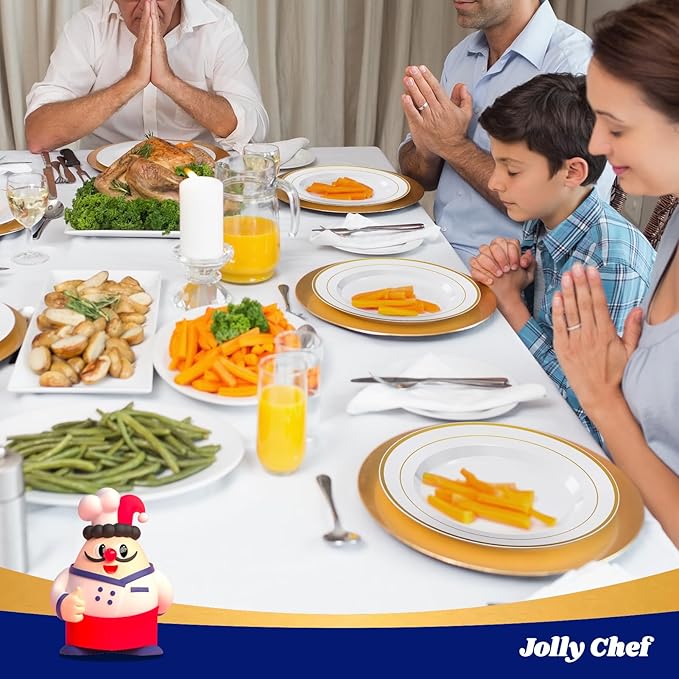 JOLLY CHEF 100 Pieces Gold Plastic Plates, 10 Inch Elegant Disposable Dinner White with Gold Rim, Disposable Plastic Plates for Christmas, Birthdays and Weddings