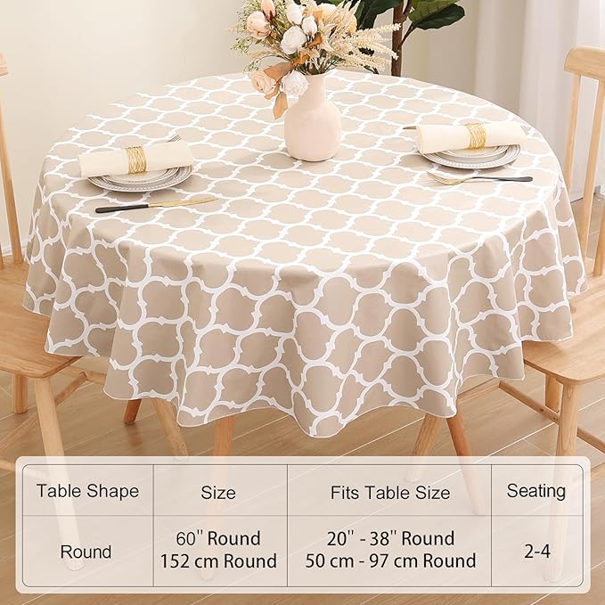 Smiry Round Plastic Table Cloth, Waterproof Vinyl Tablecloth with Flannel Backing for Round Tables, Wipeable & Spillproof for Dining, Camping, Indoor and Outdoor (60" Round, Khaki)