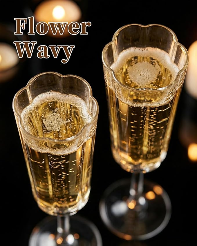 Ciaell 24 Pack Plastic Champagne Flutes - 6 Oz Flower Wavy Champagne Plastic Glasses - Heavy Duty Vintage Disposable Flutes for Party & Anniversary & Wedding