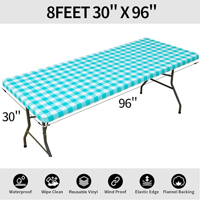 Smiry Rectangle Picnic Table Cloth, Elastic Waterproof Fitted Vinyl Tablecloths, Flannel Backed Buffalo Plaid Table Covers for Dining, Camping, Outdoor (White and Teal, 30" x 96")