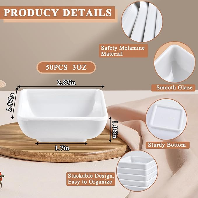 50Pcs Melamine Dipping Sauce Bowls Bulk, 3oz White Dipping Sauce Cups Bowls, Soy Sauce Serving Dish for Tomato Sauce Condiment Kitchen Restaurant Catering Camping BBQ Party