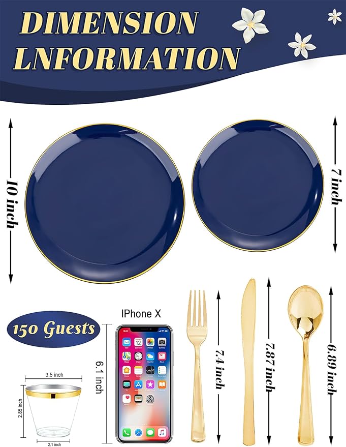 WDF 150pcs Blue plastic Plates - Navy Blue Plates Disposable - 25guest Disposable Dinnerware Sets for Hanukkah/Party/Wedding/Birthday
