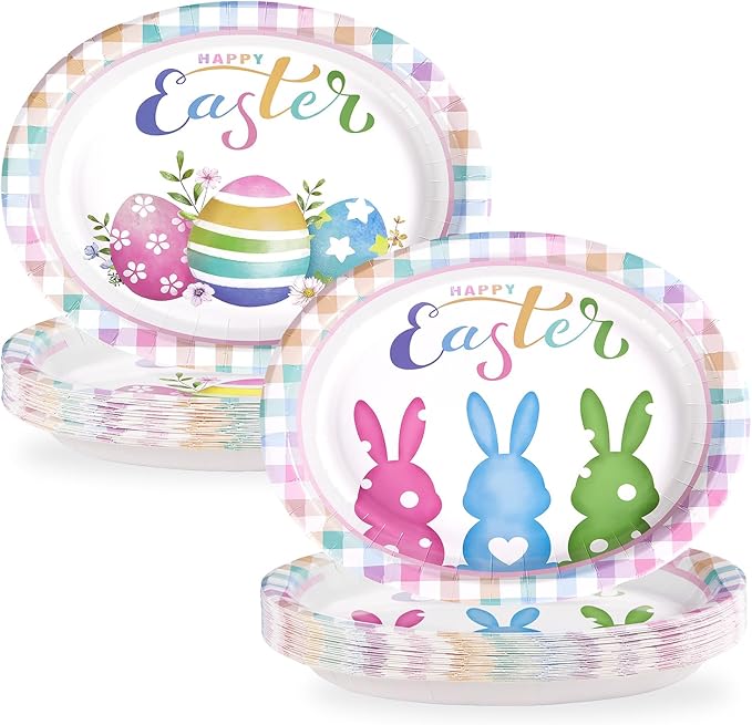 50 Pcs Easter Oval Paper Plates 10" x 12" Large Easter Bunny Egg Plates Heavy Duty Disposable Rabbit Dinner Plate Colorful Plaid Platters for Spring Holiday Baby Shower Birthday Party Supplies Decor