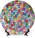 Decorative Plates, Abstract Print Ornament, Mosaic Tile Pattern Colorful Squares Cubes, 7 Inch, 1 Plate with 1 Display Stand, Multicolor