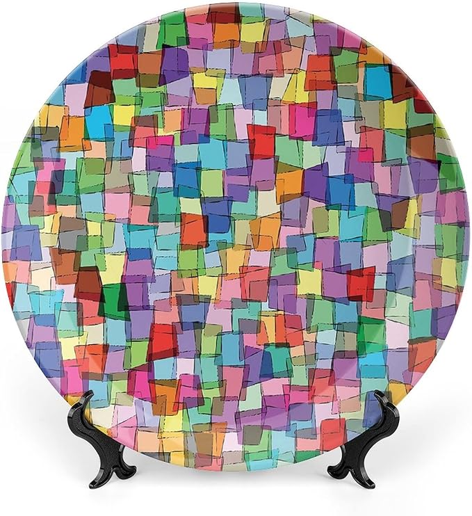 Ceramic Plates, Abstract Decorative Ceramic Plates, Mosaic Tile Pattern Colorful Squares Cubes, 8 Inch, for Dining, Parties, Wedding, Multicolor