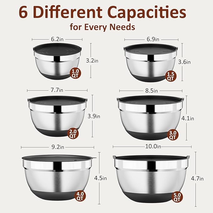 9 Pack Mixing Bowls with Airtight Lids Set, Stainless Steel Mixing Bowls with Grater Attachments, Nesting Kitchen Bowl Set with Non-Silp Bases, Size 5, 4, 3, 2, 1.5,1QT, Black