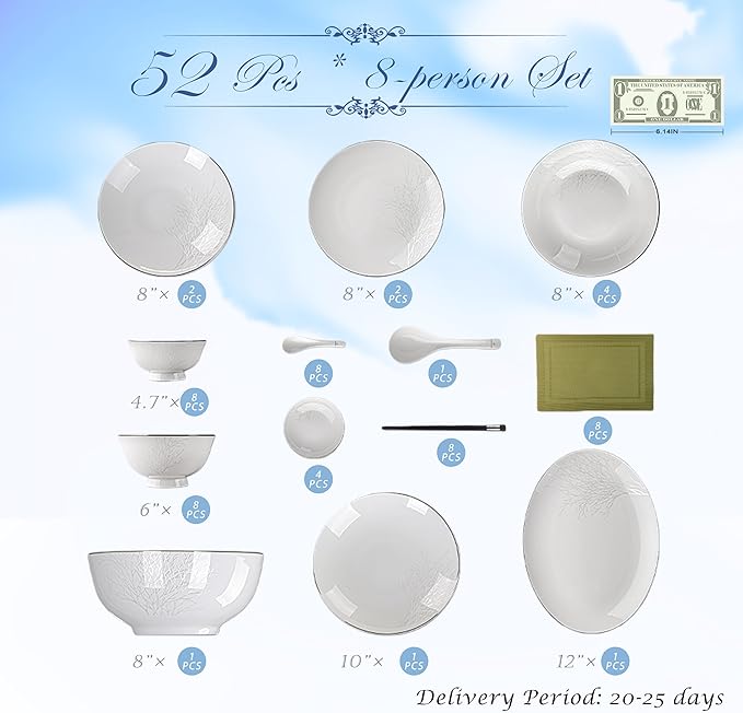 Fine Bone China Dinnerware Set,Porcelain&Ceramic Dinnerware Sets,Bone Stoneware&Ceramic Cookware Tableware Set Includes Dinner Plates|Spoons|Pasta Bowls|Soup Pot|Chopsticks (52PCS * 8-Person Set)