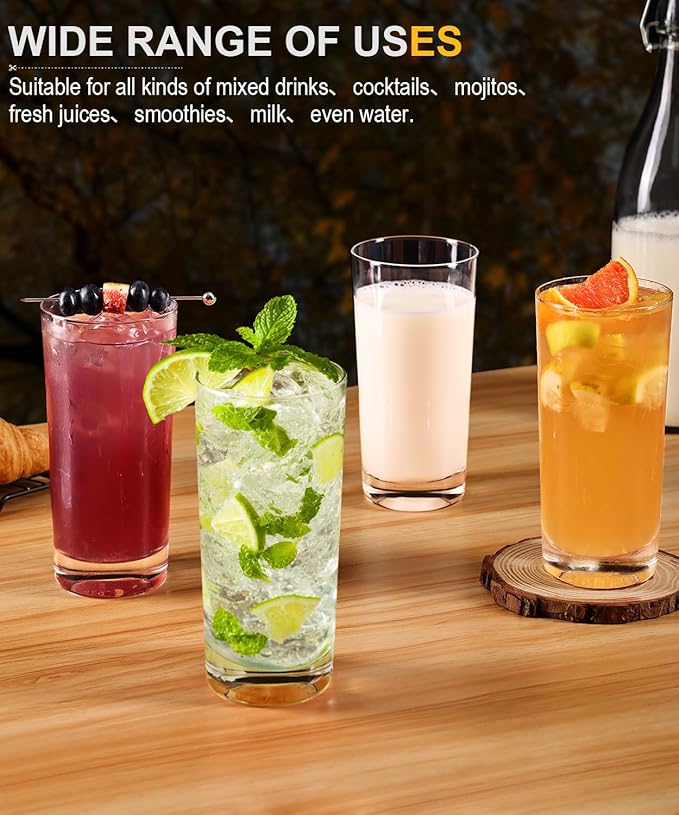 Drinking Glasses Set of 8, 16 oz Water Glasses, Wide Mouth Design Lead-Free Crystal Highball Glassware, Tall Glass Cups for Cocktail Parties, Family Dinners, and Tom Collins Bar Glassware