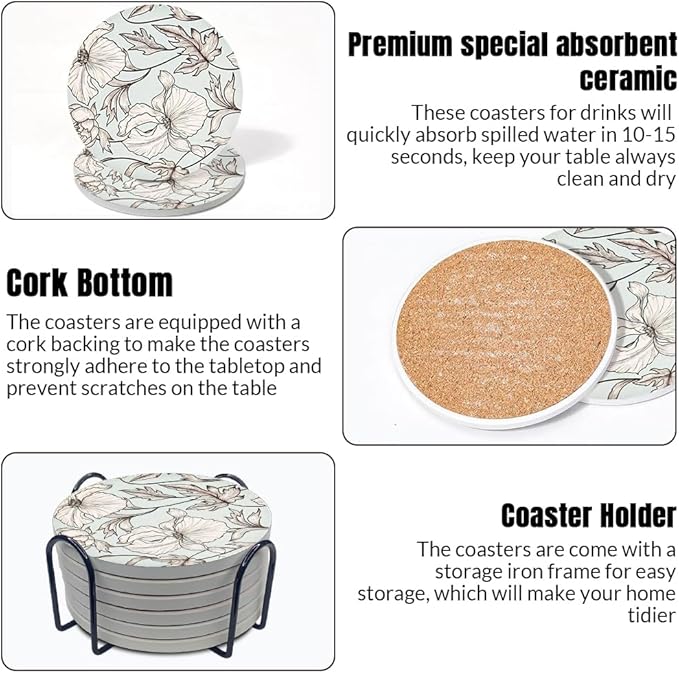 Ceramic Coasters Set of 6, Marble-Textured Design with Holder - Absorbent Cork-Backed Coasters for Cups, Bar & Coffee Table Decor Accessories (Flower-Leaves, 6 Pack)