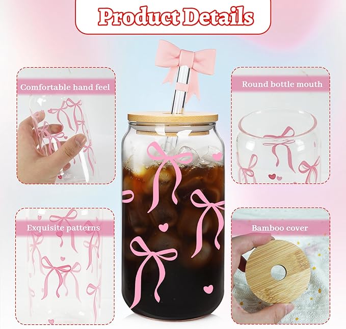 Mason Life Coquette Pink Bow Cute Glass Cups with Lids 2Pack 18OZ Cute Tumbler Glass Cup with Keychains and Straw Covers for Valentines Day Gift Iced Coffee Smoothie Cocktail Matcha Milk Mother's Gift