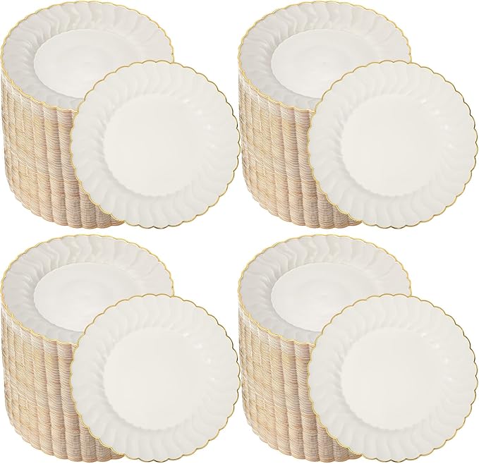 Mifoci 150 Pcs 7.5 Inch Ivory with Gold Rim Plastic Disposable Plates Bulk Salad Dessert Appetizer Cake Plates Elegant Fancy Plastic Tableware for Party Holiday, Wedding, Catering Table Decoration