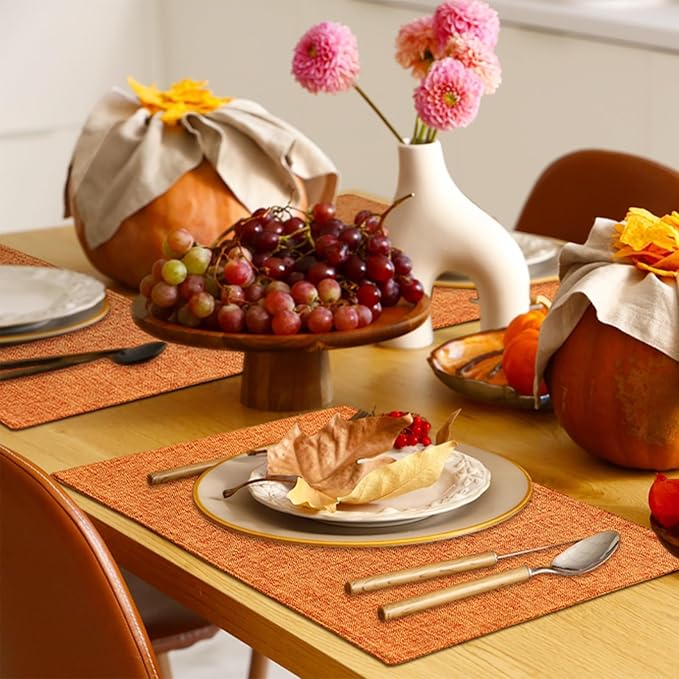 Homaxy Cloths Placemats for Dining Table Set of 6, Heat Resistant Washable Cotton Linen Blend Table Mats, Easy to Clean Place Mats for Indoor Outdoor Party Kitchen Decoration, 13" x 19", Orange