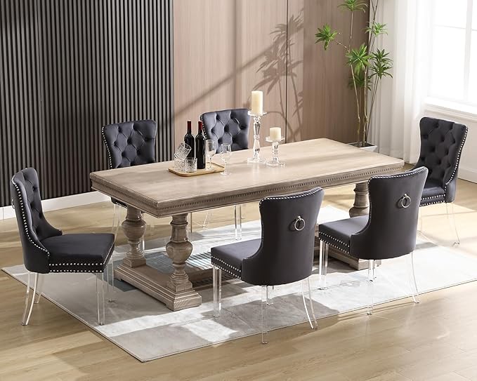 KCC Velvet Dining Chairs Set of 6, Upholstered Tufted Wingback Dining Room Chair with Nailhead Back Ring Pull Trim Solid Acrylic Legs, Contemporary Nikki Collection Style for Kitchen, Grey