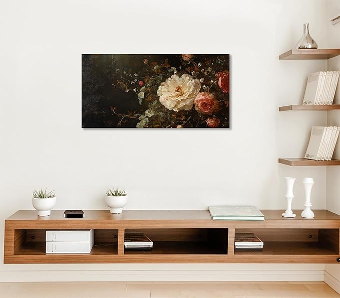 ADJUVANT Wall Art Vintage Peony And Rose Bouquet 48"L x 24"W, White Peony With Pink Roses Canvas Painting Elegant Floral Artwork Prints Botanic Wall Decor for Living Room Bedroom Dining Room Home Office