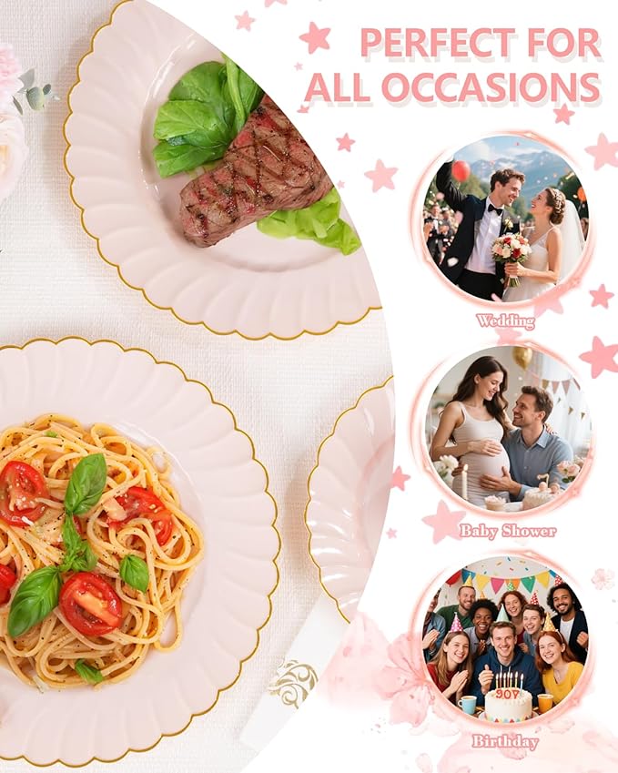 YOUBET 175PCS Pink Scalloped Plastic Plates - Gold Disposable Dinnerware Set Include 50 Plates, 75 Gold Silverware, 25 Cups, 25 Napkins for Party & Wedding & Baby Shower Valentines Day