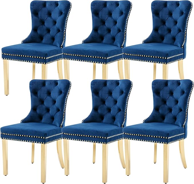 KCC Velvet Dining Chairs Set of 6, Upholstered High-end Tufted Dining Chair with Nailhead Back Ring Pull Trim Stainless Steel Legs, Contemporary Nikki Collection Modern Style for Kitchen, Blue