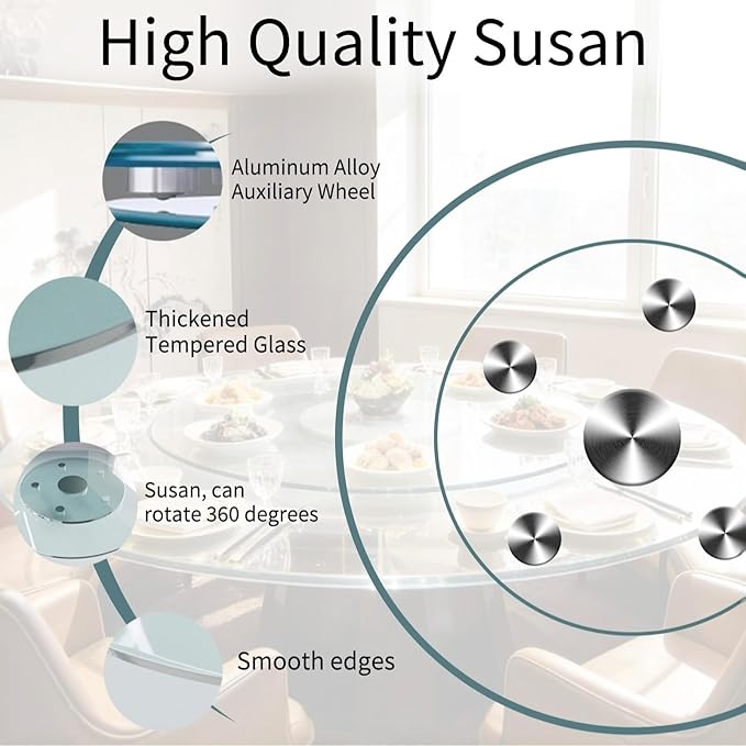 24" Glass Lazy Susan for Dining Table, Glass Turntable Table Centerpiece with 6 Rotating Wheels, 360° Smooth and Silent Spin Tabletop Rotating Tray, for Family Gatherings, Banquets, Weddings, 61 cm