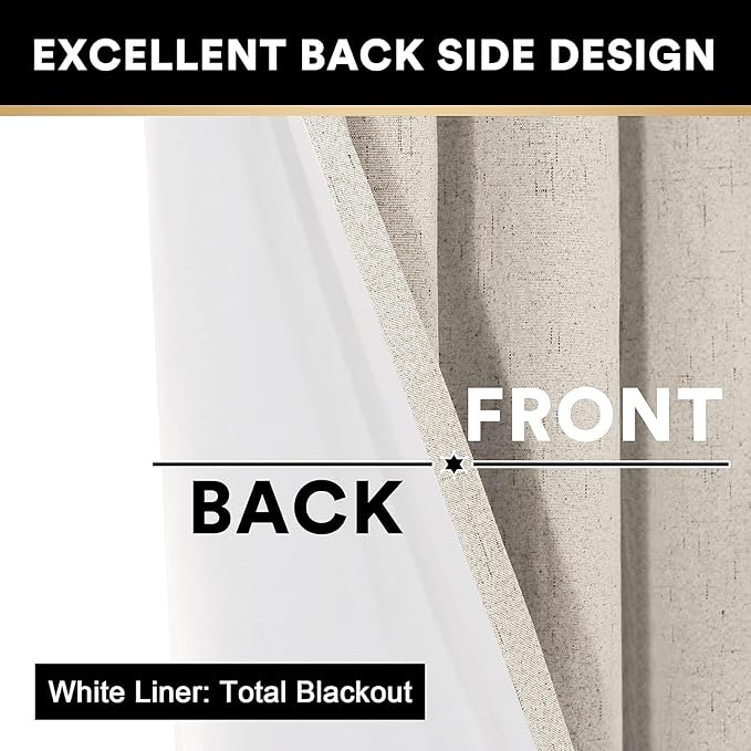 PrinceDeco Linen 100% Blackout Curtains for Bedroom/Living Room Natural Colored Drapes Extra Long Curtains 102 Inch Long for Thermal Insulated Window Curtain Panels Linen Look Fabric with White Liner
