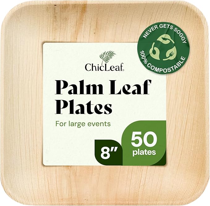Chic Leaf Disposable Palm Leaf Plates - 50 Count, 8" Square, Christmas Meal - Bamboo Plates, Biodegradable & Compostable - Microwave Safe & Heavy Duty - Romantic Date Night Essentials Wedding Decor
