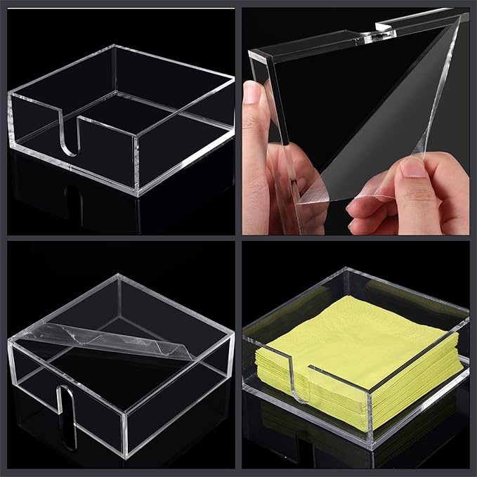 Acrylic Cocktail Napkin Holder for Table, Clear Beverage Napkin Holder Square Rectangle for Dinner, Kitchen, Bathroom, Restaurant, Bar (4 Pieces, 5.5 x 5.5 Inch)