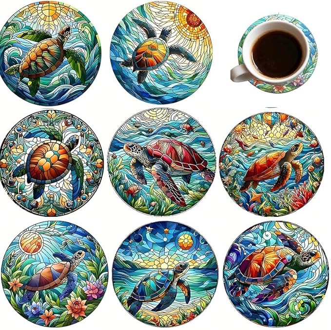 Coasters Set of 8, Wood Coasters for Drinks - Handcrafted Turtle Design Thick Heat-Resistant for Beer, Coffee, Office, Bar, Farmhouse Home Decor, Tabletop Protection, for All Cups