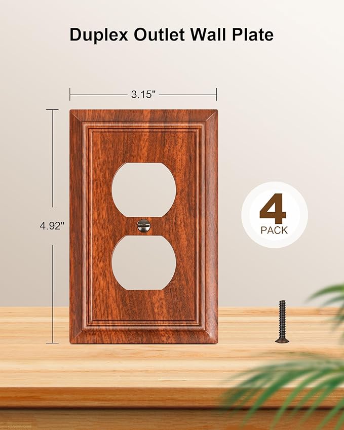 4-Pack Duplex Outlet Cover Plate, Decorative Wood Grain Switch Plates and Outlet Covers, Natural Bamboo Fiber Wall Plates for Electrical Outlets, 1 Gang Receptacle Cover, Corrosion Resistant