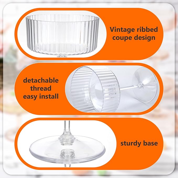 100 Pcs Ribbed Martini Glasses 10 oz Disposable Plastic Vintage Ribbed Coupe Glasses Unbreakable Dessert Parfait Glassware for Wedding Birthday Party Supplies (Clear)