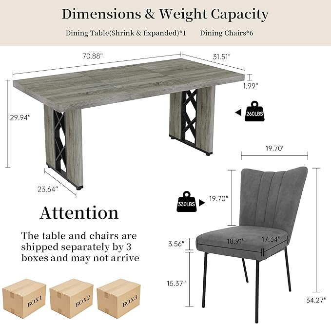 7-Piece Dining Table Set for 6 People, 70.8" MDF Kitchen Table with 6 Velvet Chairs, Space-Saving for Dining Room, Breakfast Nook(Grey Table+6 Grey Chairs)