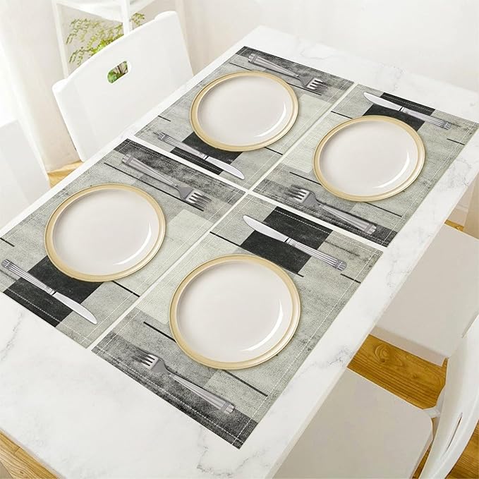 Gradient Placemat Set, Modern Minimal Black White Grey Abstract Geometric Shape Line Patchwork Pattern Home Decor Linen Table Mats for Dining Room Kitchen Party (17x12in) x6P