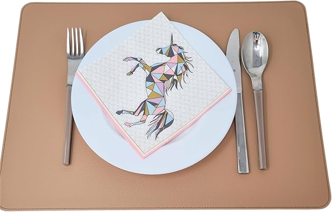 Nikalaz Set of 4 Placemats and 4 Coasters Made of Recycled Leather (18''x13'', Light Camel)