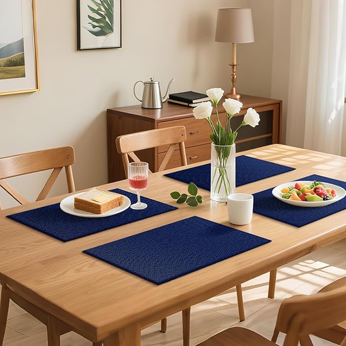 Blue Forest Placemats Set of 4, Dual-Layered Thickened Faux Linen Table Mats Heat Resistant Machine Washable Wrinkle Free Place Mats for Kitchen Dining Outdoor/Indoor (NavyBlue)