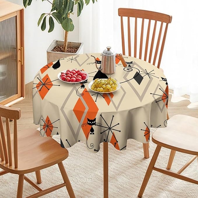 Retro Boho Modern Black Cat Round Tablecloth, Mid Century Boho Moon Abstract Geometric Leaf 50s 60s Style Tablecloth for Home Party Dining Room Kitchen Decor 70Inch(178cm)