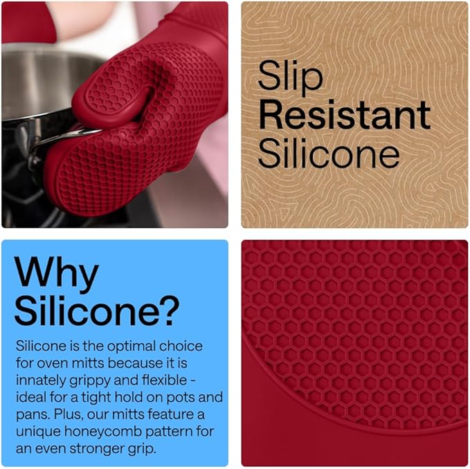 GORILLA GRIP BPA-Free Soft Silicone Oven Mitts, Heat Resistant and Waterproof Cooking Gloves, Thick Cotton Lining, Flexible Gripping Kitchen Potholders Set of 2, Christmas Kitchen Decor, 12.5x8.3, Red