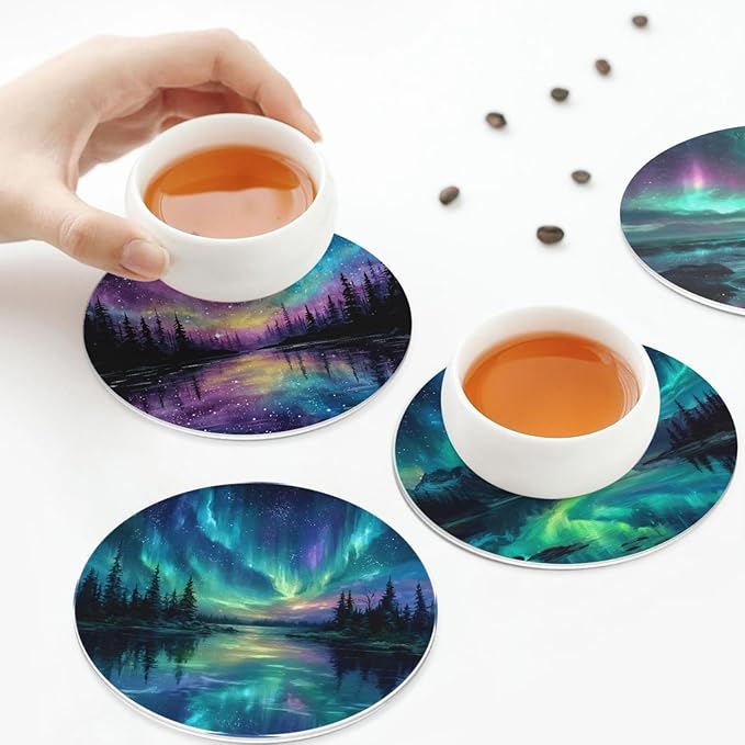 Northern Lights Coasters for Drinks with Holder Round Leather Coasters Set of 6 Cups Mugs Mat Pad for Home Kitchen Bar