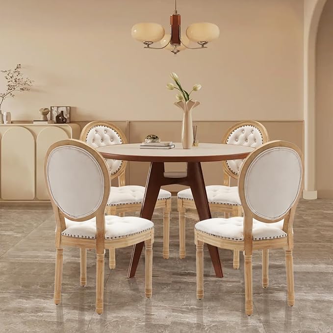 SoarFlash French Velvet Dining Chairs Set of 4, Vantage Dining Chair with Round Back, Wood Leg Farmhouse Country Dining Chair for Kitchen,Bedroom,Beige