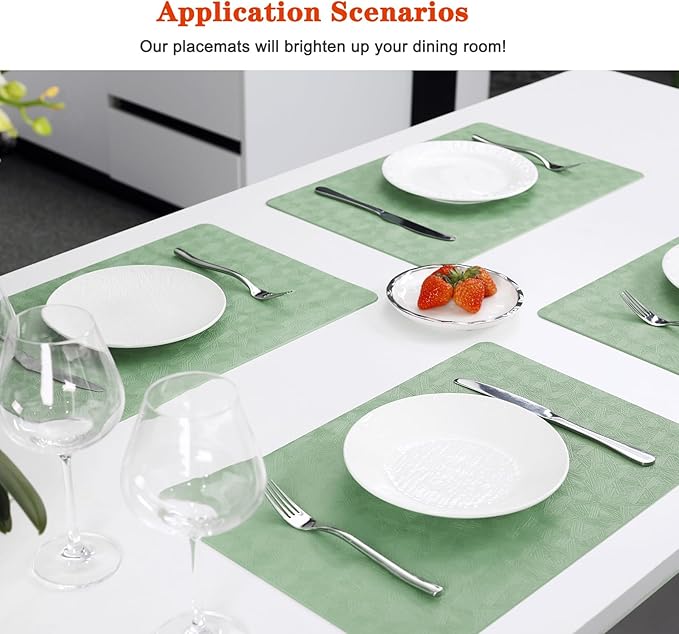Vinyl Placemats Set of 4 Heat Resistant Easy Clean Non-Slip Place Mats for Dining Table Faux Leather Waterproof Stain Resistant Wipeable Washable PVC Table Mats(4, Green)
