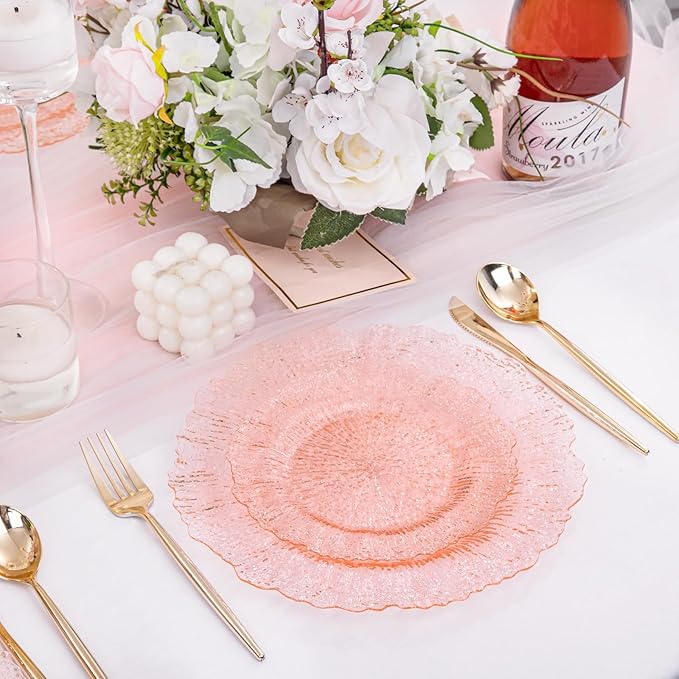 U-QE 60PCS Pink Plates for Party - Pink Valentines Plates Disposable Heavy Duty - Clear Pink Plastic Plates for Valentine's Day Including 30 Plastic Dinner Plates 10" & 30 Plastic Dessert Plates 7"