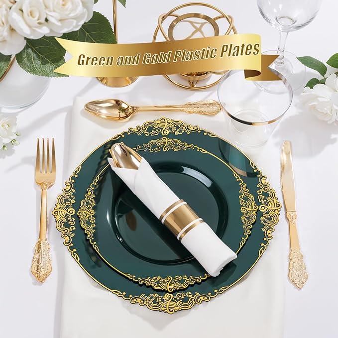 Nervure 175PCS Green Plastic Plates - Disposable Green Gold Party Plates & Pre Rolled Napkins with Cutlery for 25 Guests, 50Plates, 75Silverware, 25Cups, 25Napkin for Wedding & Party