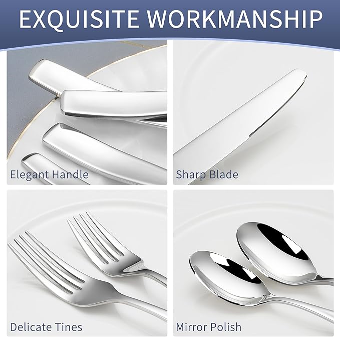 65 Piece Flatware Set 18/10 for 12, Heavy Duty Silverware Set, Mirror Polish Flatware Set With Serving Utensil, High End Flatware, Dishwasher Safe, Ideal for Gift