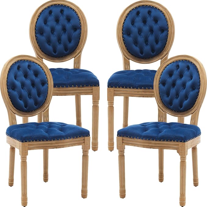 Vintage French Dining Chairs Set of 4, Round Back Velvet Upholstered Accent Chairs with Nailhead Trim and Solid Wood Frame, Elegant Sillas de Comedor for Dining Room & Kitchen, Blue